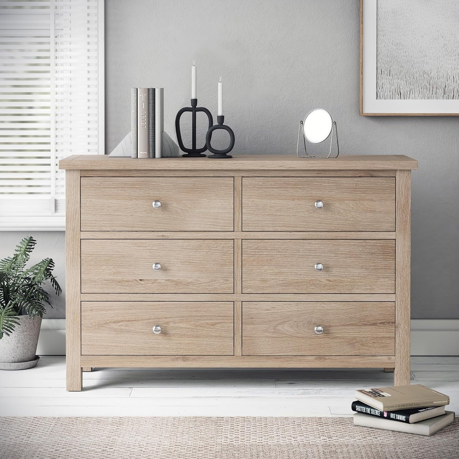 6 Drawer Washed Oak Chest – Solid Wood Storage, Bedroom & Hallway Organizer