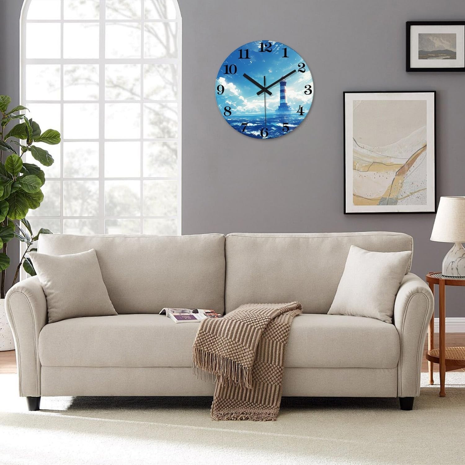 16" Blue Lighthouse Wall Clock Silent Non-Ticking Glass Ocean Coastal Decor