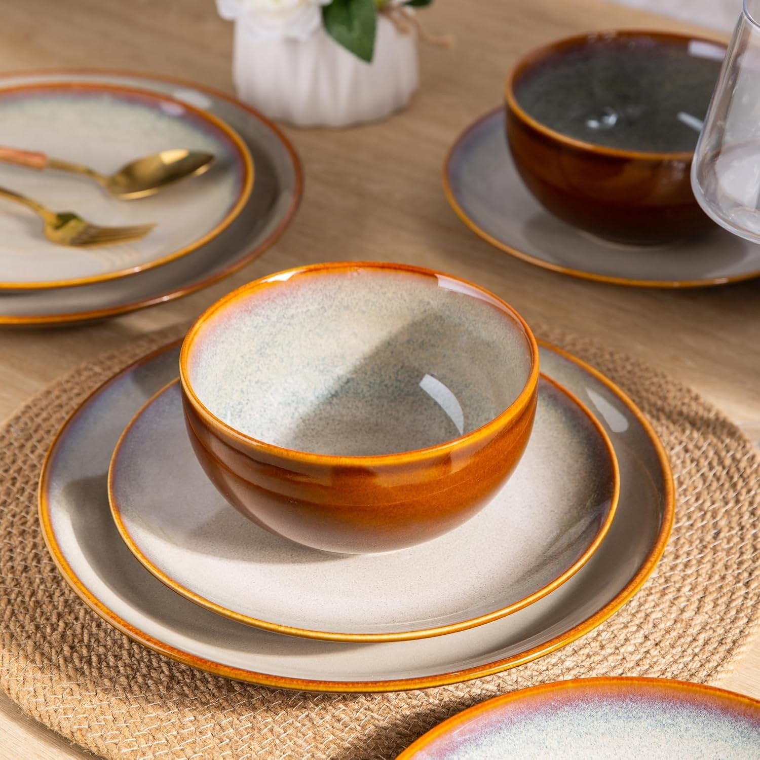 18 Piece Stoneware Dinner Set for 6 Cappuccino Reactive Glaze Plates Bowls