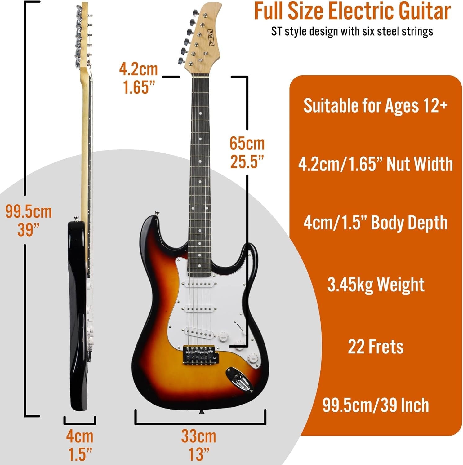 Full Size 4/4 Electric Guitar Kit with Amp Stand & Bag Sunburst