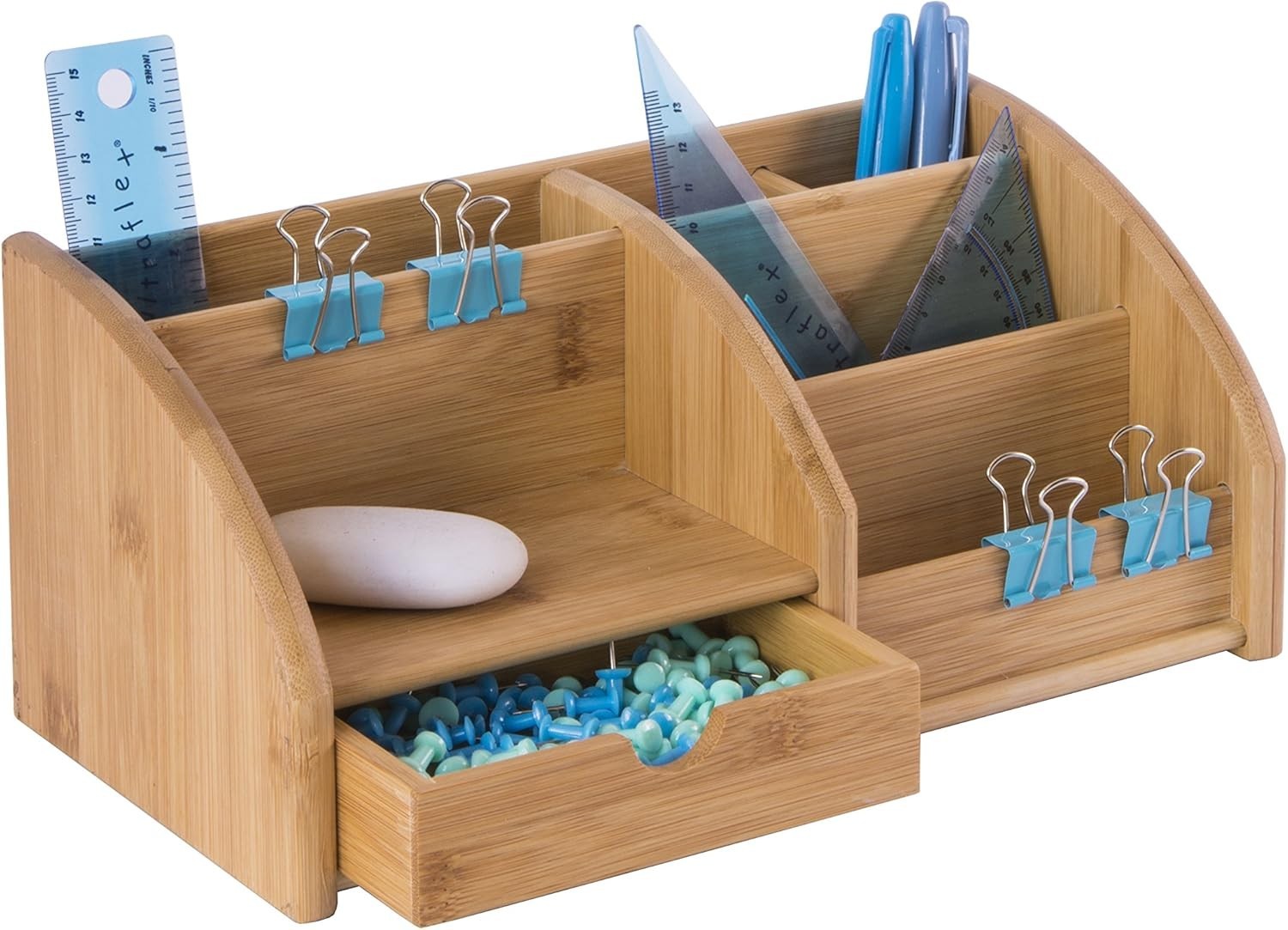 Bamboo Desk Organiser 6 Compartments 1 Drawer Office Tidy 8-Pack