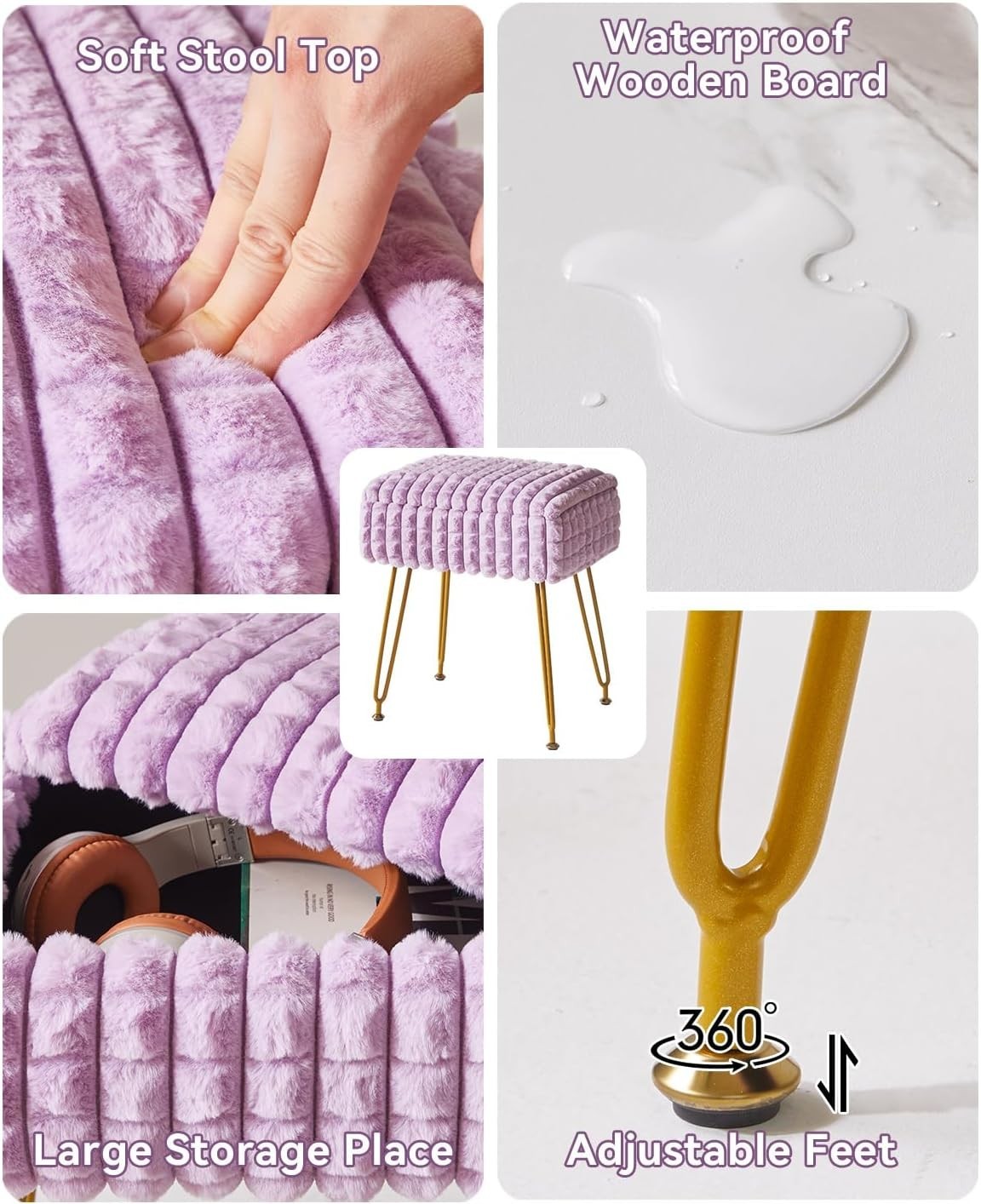 Purple Rectangular Vanity Stool with Storage Padded Makeup Chair with Metal Legs