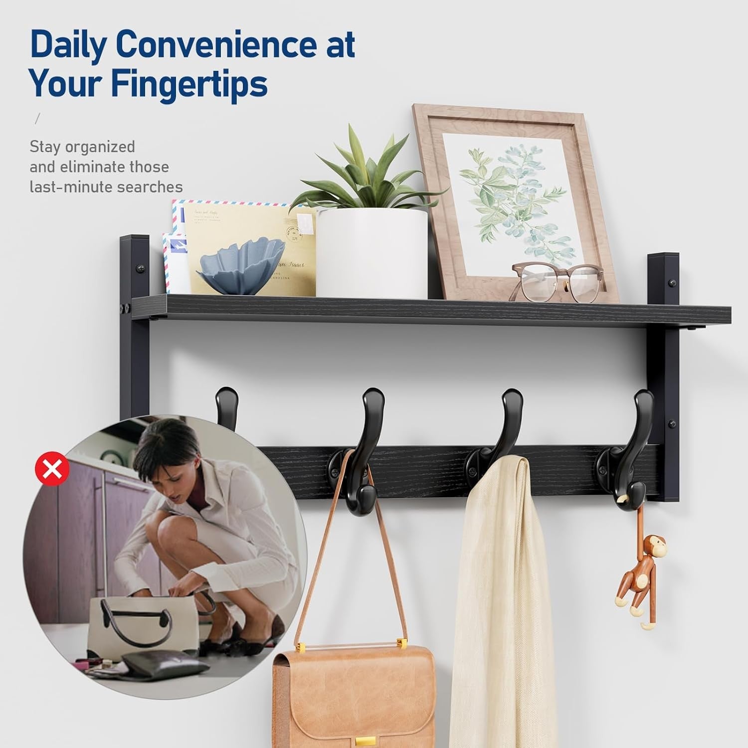 Rustic Black Wall Mounted Coat Rack with Shelf | 20” Hooks for Entryway
