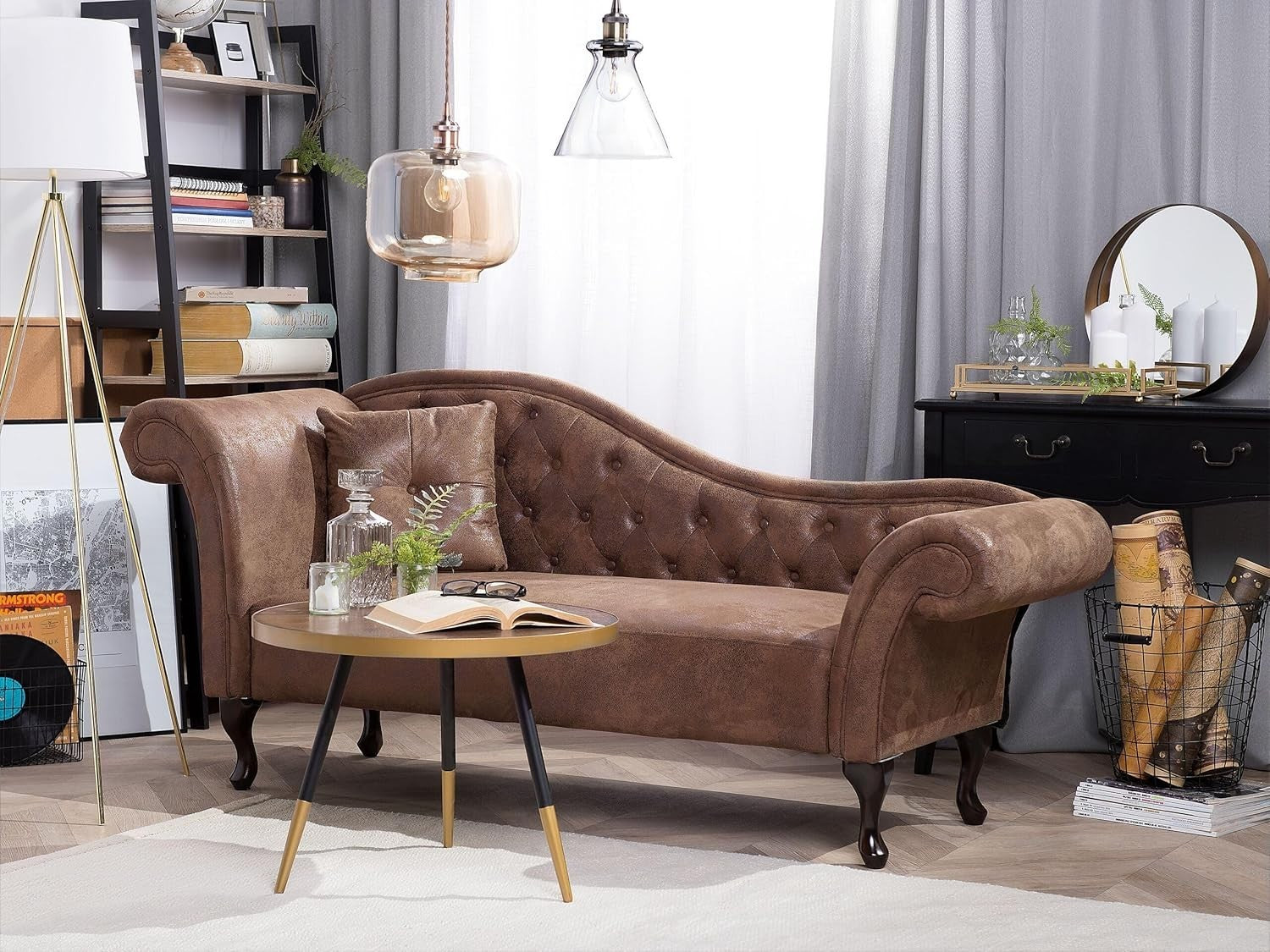 Vintage Chaise Lounge Brown Faux Suede Left-Hand Tufted Sofa 188cm