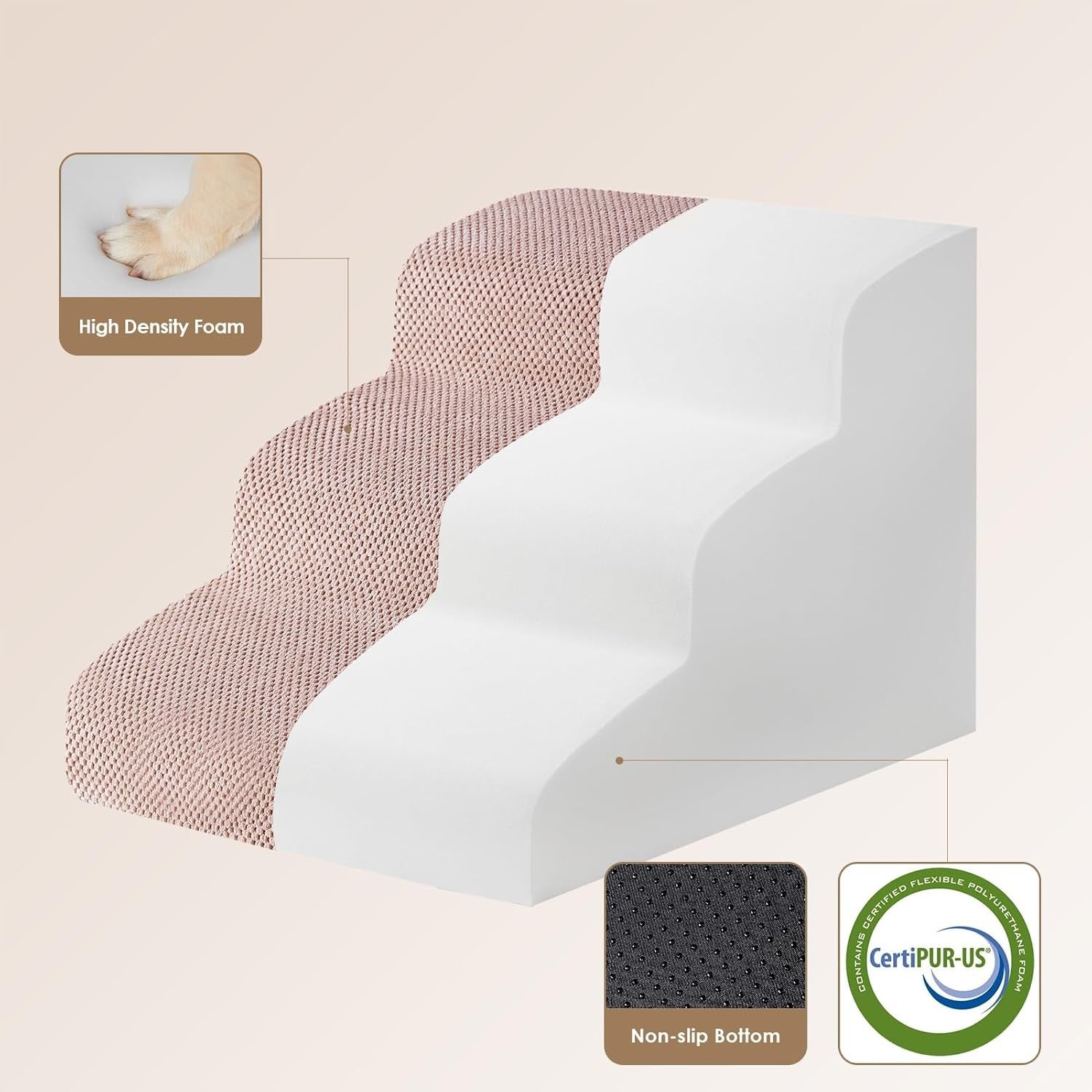 3 Step Dog Stairs for Bed Non Slip Foam Pet Steps Dusty Pink