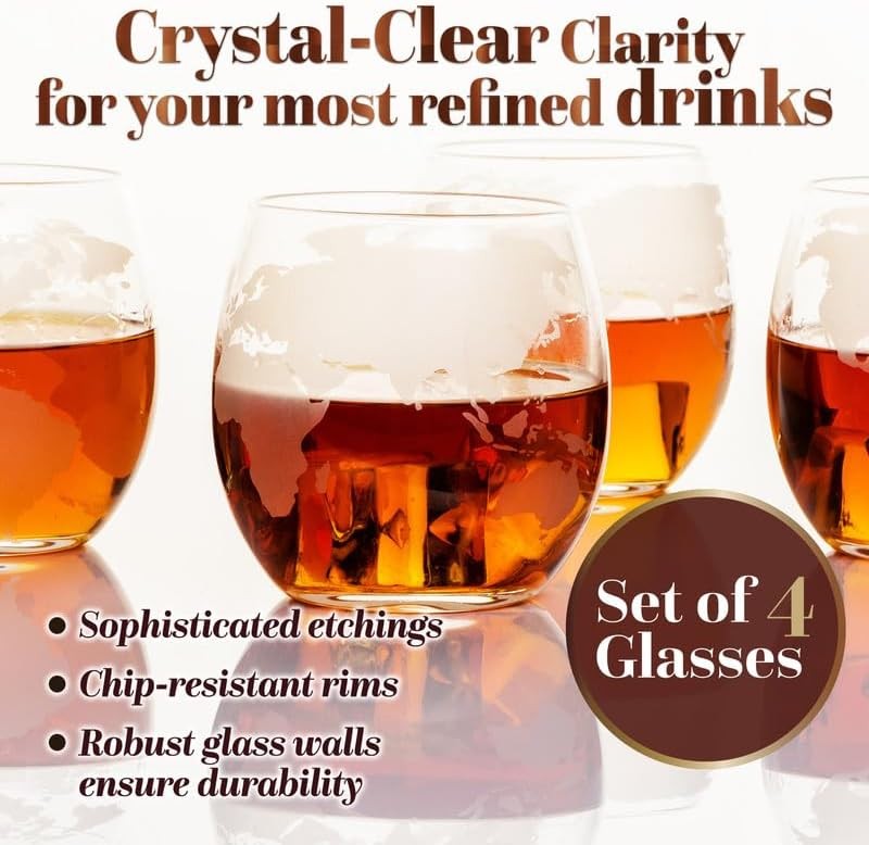 Globe Whiskey Decanter Set 850ml with 4 Etched Glasses & Tray Gift Box