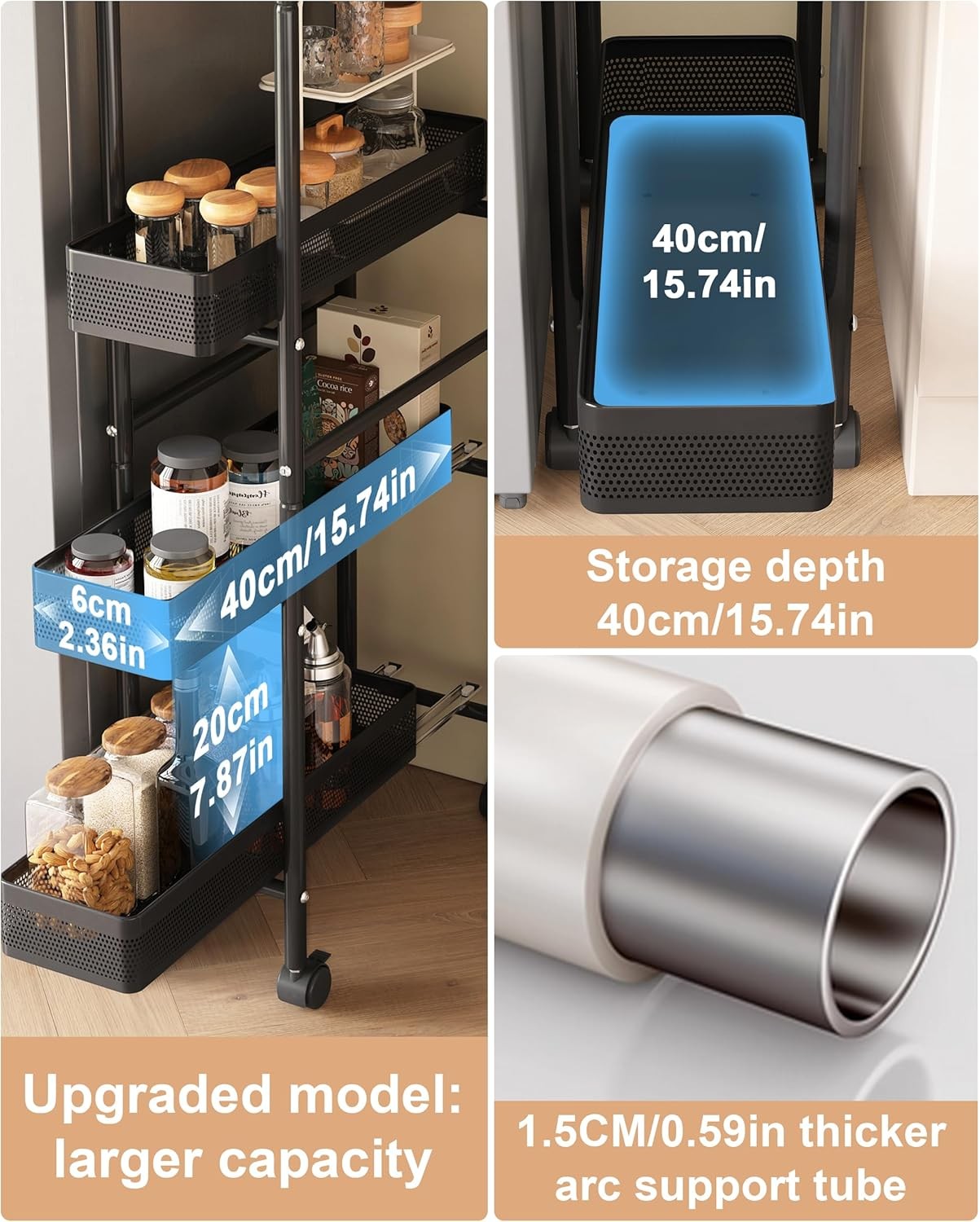 Slim Kitchen Storage Trolley 4 Tier Pull Out Drawers on Wheels Narrow Cart