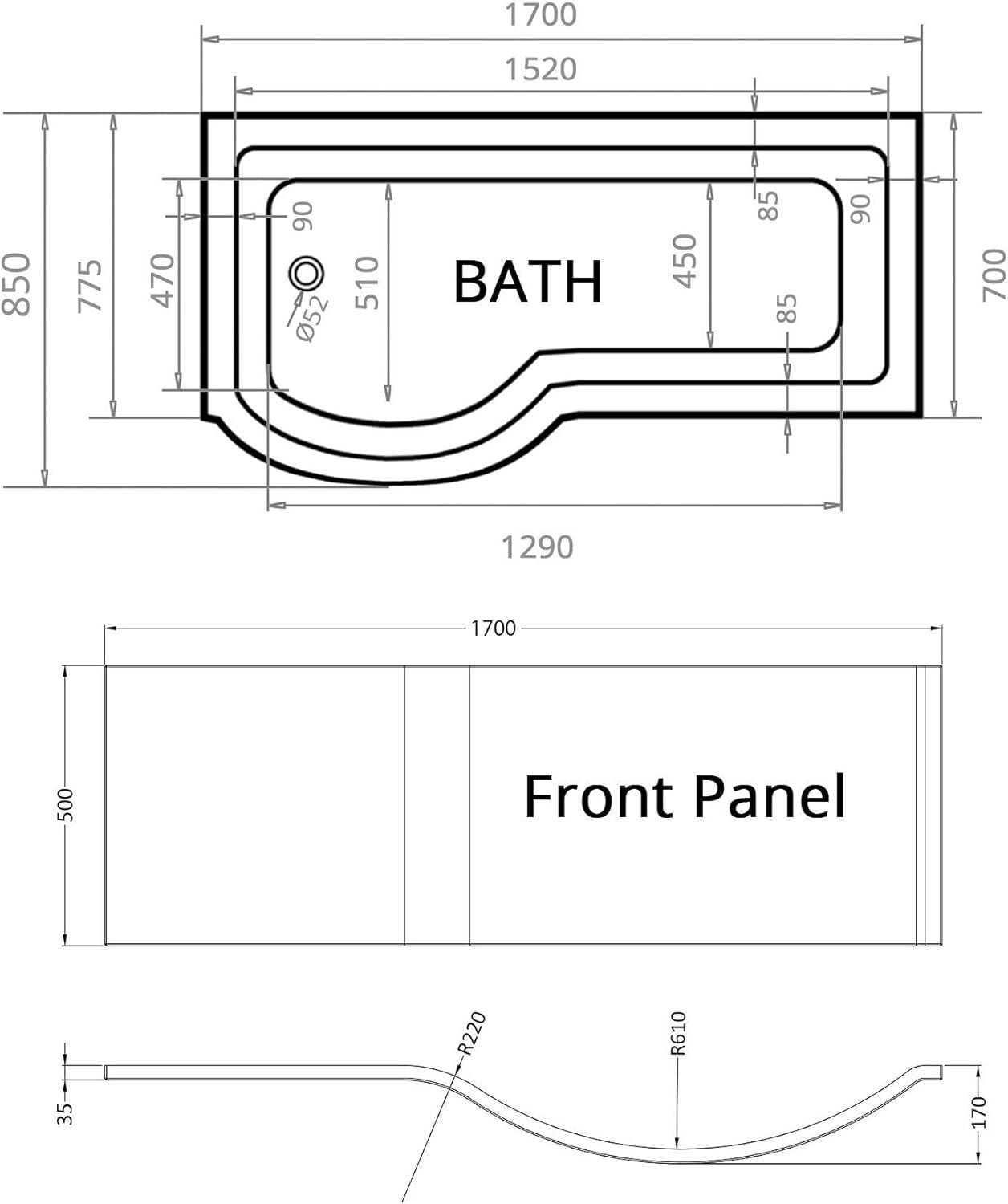 1700x850mm Left Hand P-Shaped Acrylic Shower Bath with Front Panel Glass Screen
