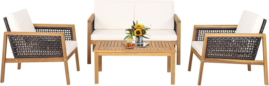 4PC Outdoor Rattan Sofa Set Wooden Patio Lounge Chairs Table Cushioned