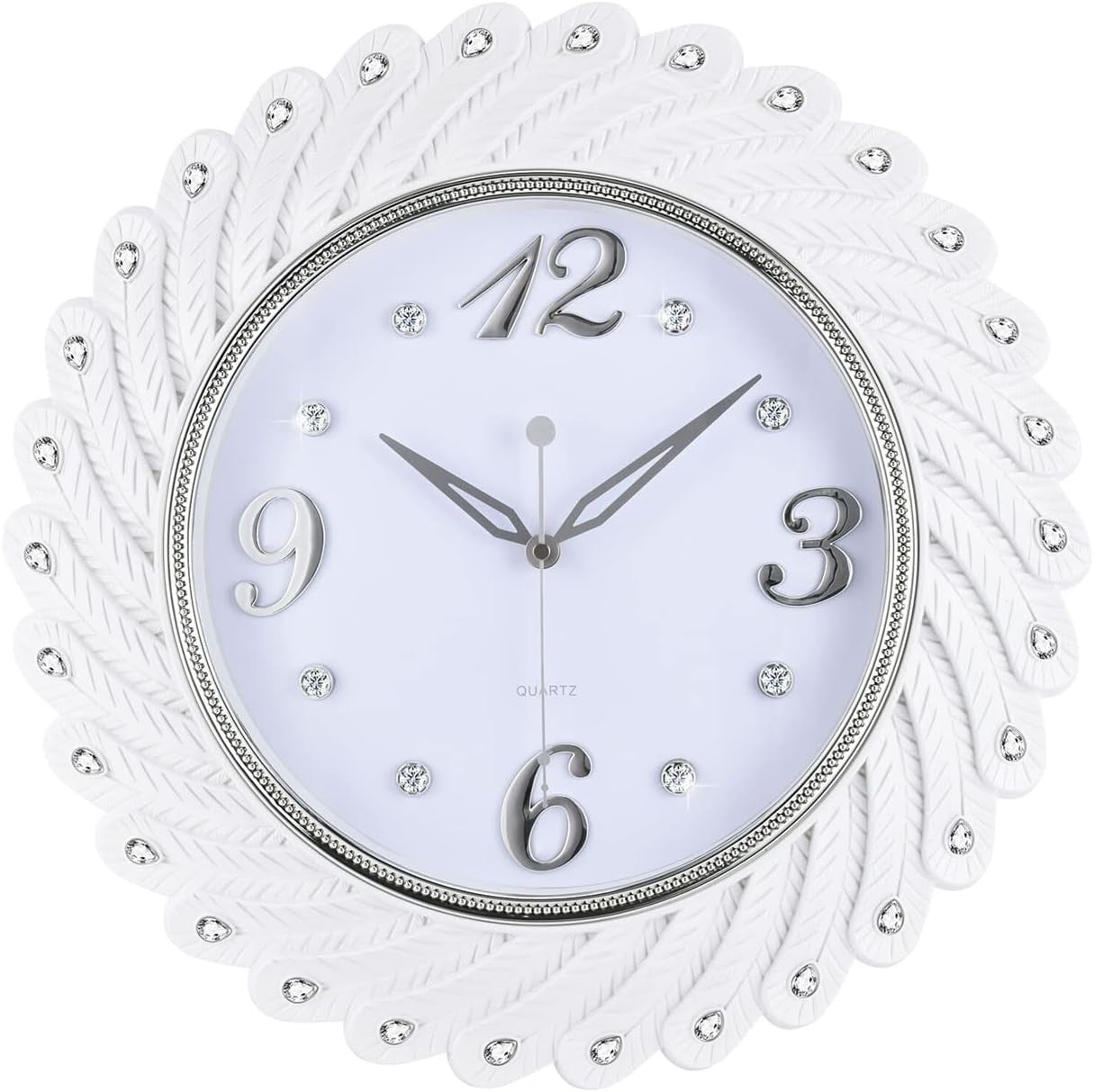 Large White Peacock Feather Wall Clock 43cm Silent Elegant Home Decor