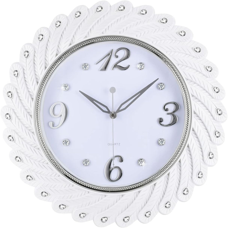 Large White Peacock Feather Wall Clock 43cm Silent Elegant Home Decor