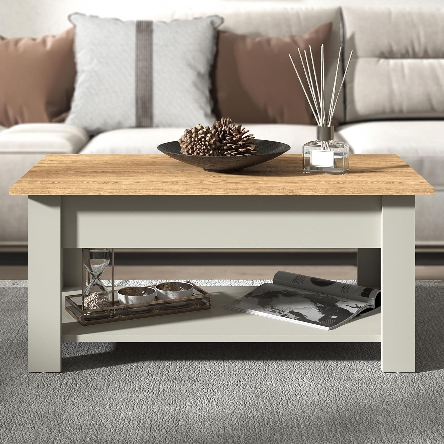 Lift-Up Coffee Table with Hidden Storage & Shelf, Modern Space Saver