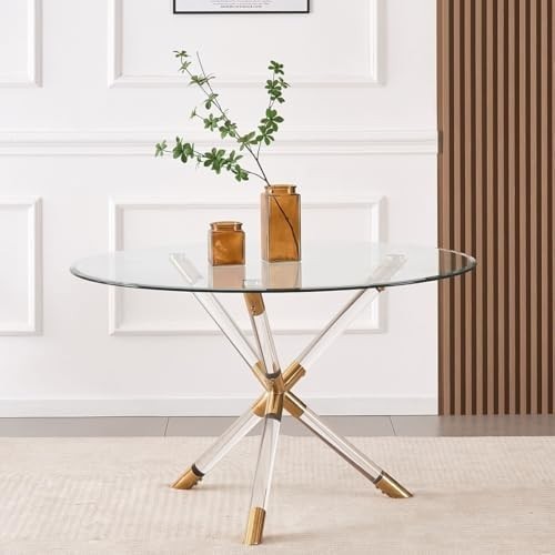 Round Glass Dining Table 100cm Gold Acrylic Legs Modern Kitchen Table