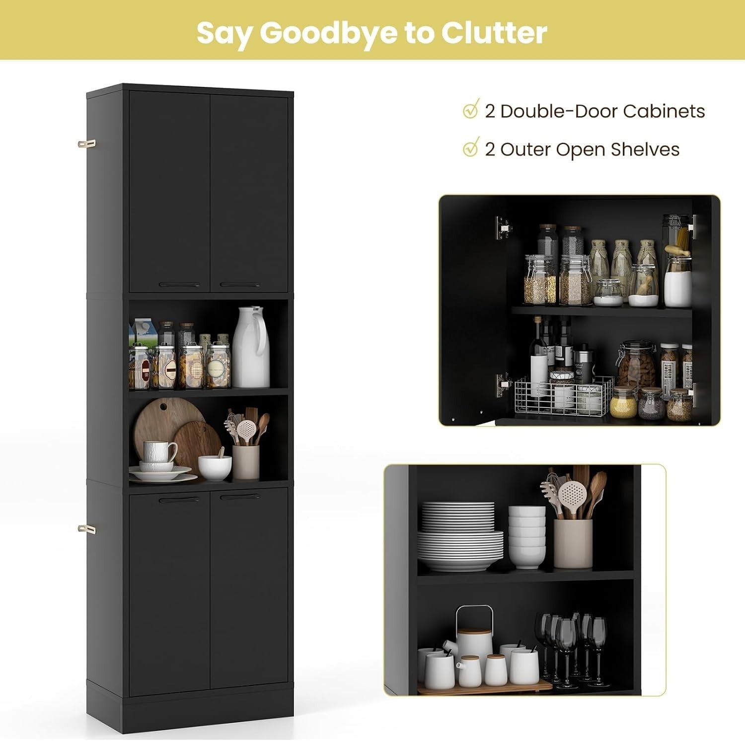 190cm Tall Kitchen Cupboard Black 4 Doors Open & Closed Storage Cabinet