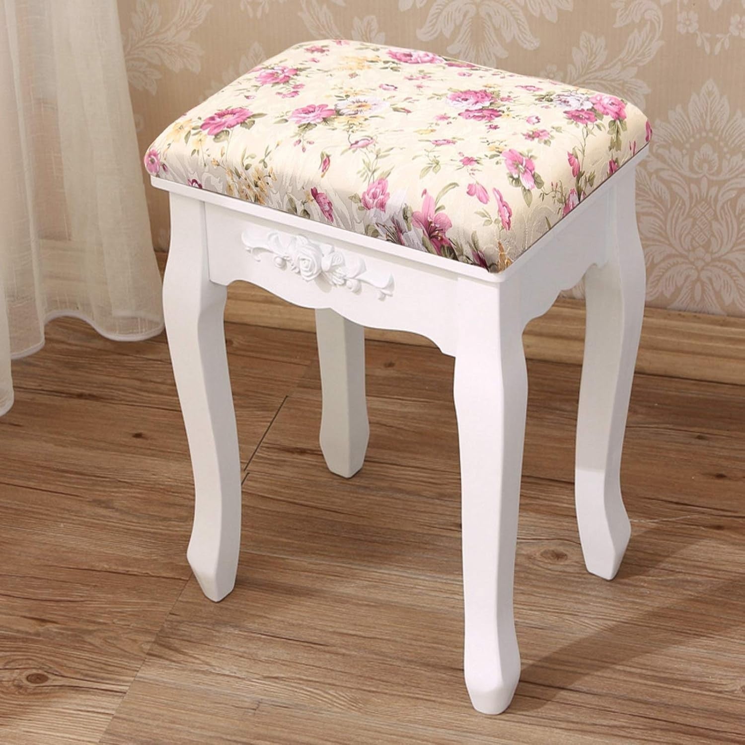 Rose Baroque Vanity Stool with Curved Wood Legs – Elegant Makeup Chair