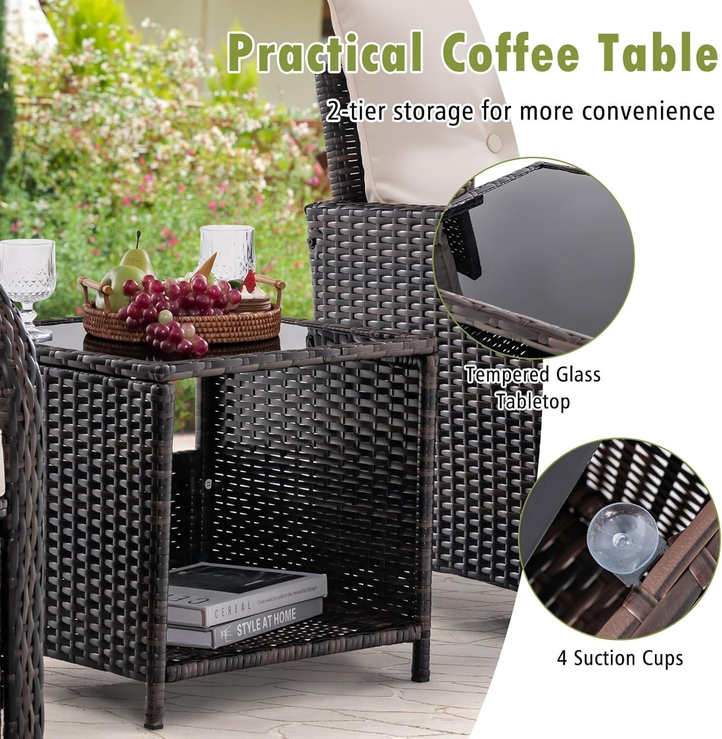 5PCS Garden Rattan Patio Set with Cushions, Coffee Table & Ottomans Outdoor