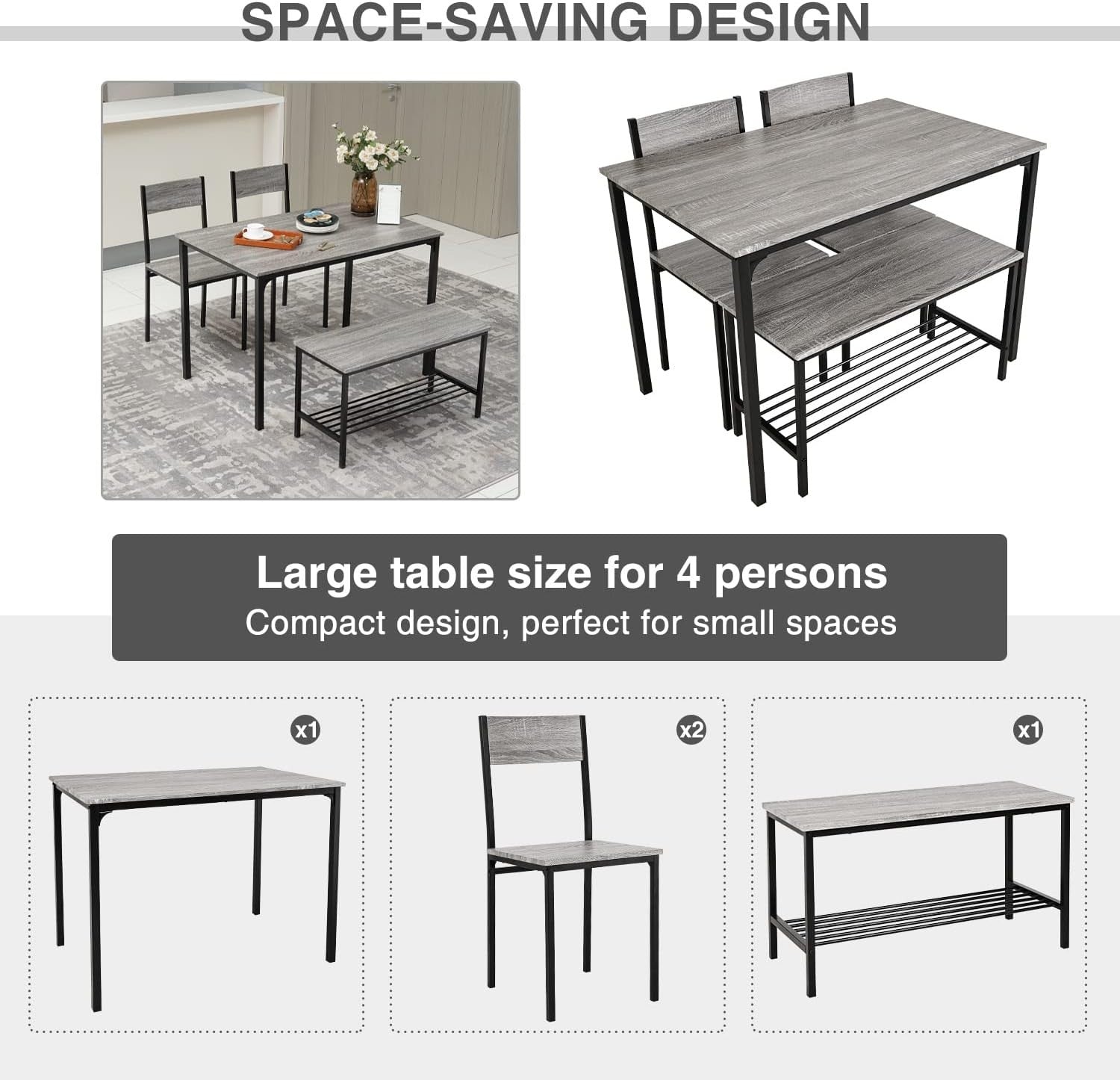 4-Piece Grey Dining Set with Bench & Chairs | Space Saving Kitchen Table