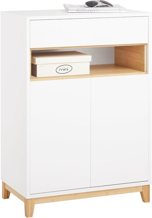 White Sideboard Cabinet with Drawer & Adjustable Shelves Bamboo Legs 60x34x85cm