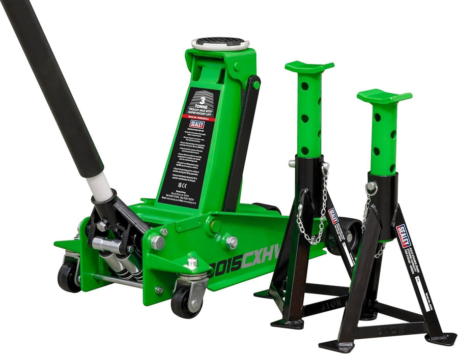 3 Ton Trolley Jack Super Rocket Lift + 3T Axle Stands Heavy Duty Set 120–456mm