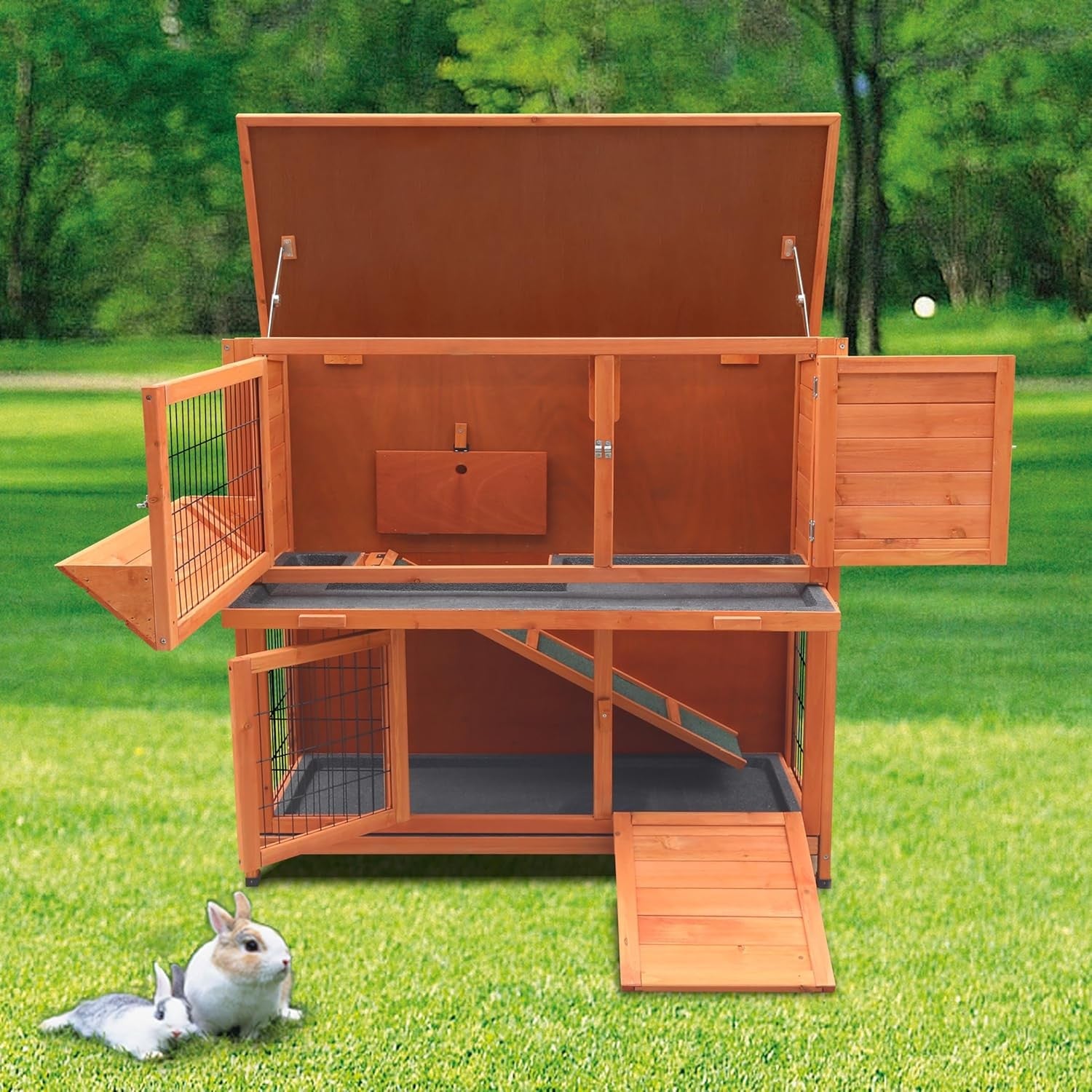 Large 4ft Two Tier Rabbit Hutch Outdoor Double Decker with Trays Ramp