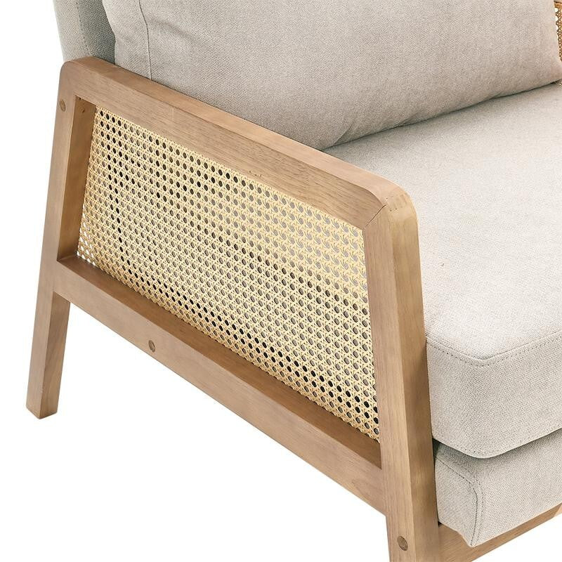 Beige Rattan Armchair with Cushions – Wooden Lounge Chair for Living Room