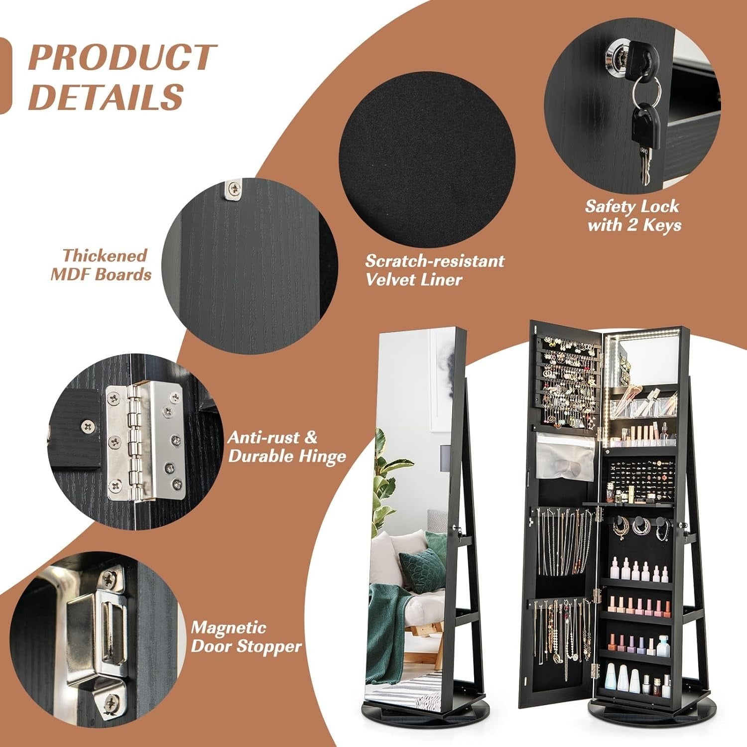 360° Swivel Jewelry Armoire Lockable Full Length Mirror LED Storage Black