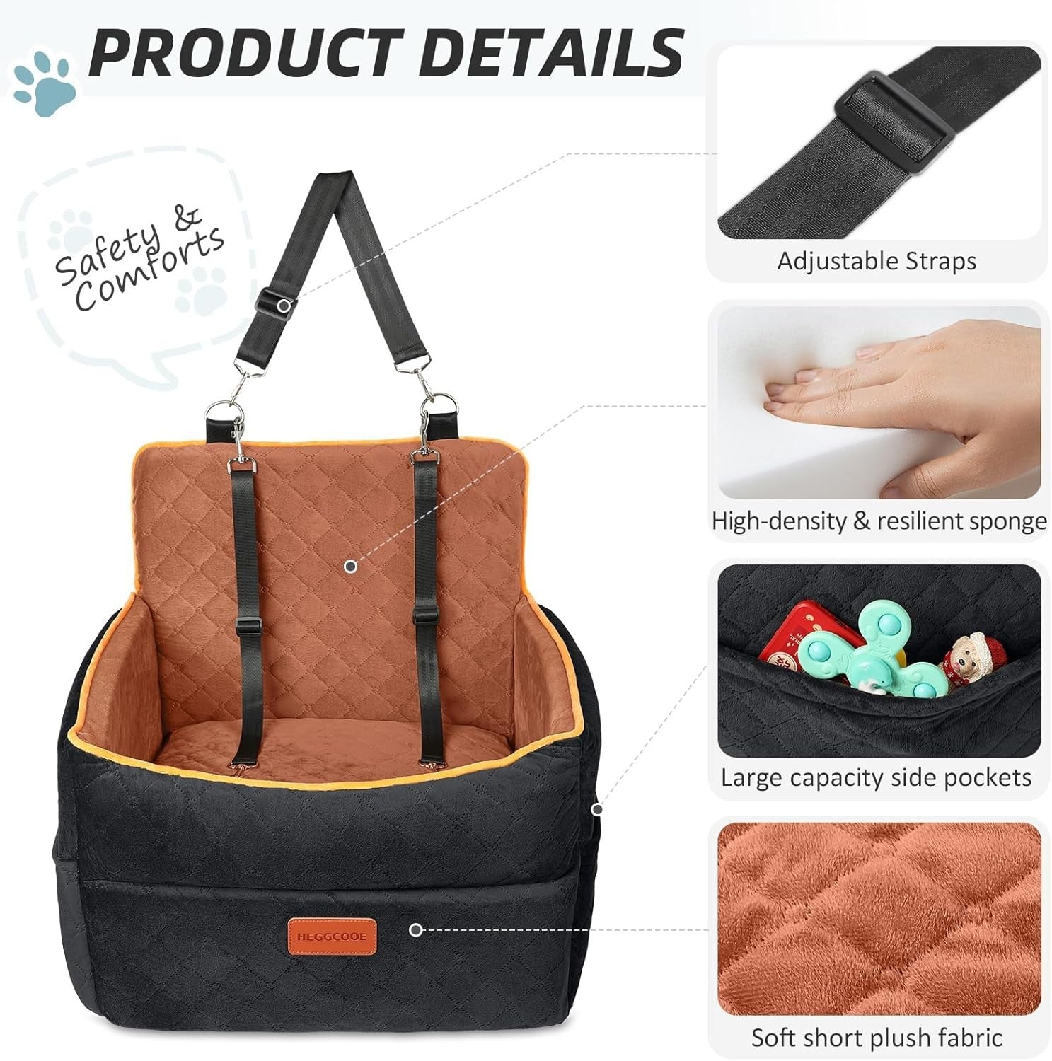 Memory Foam Dog Car Seat Booster Bed Washable Safety Belts 35lbs
