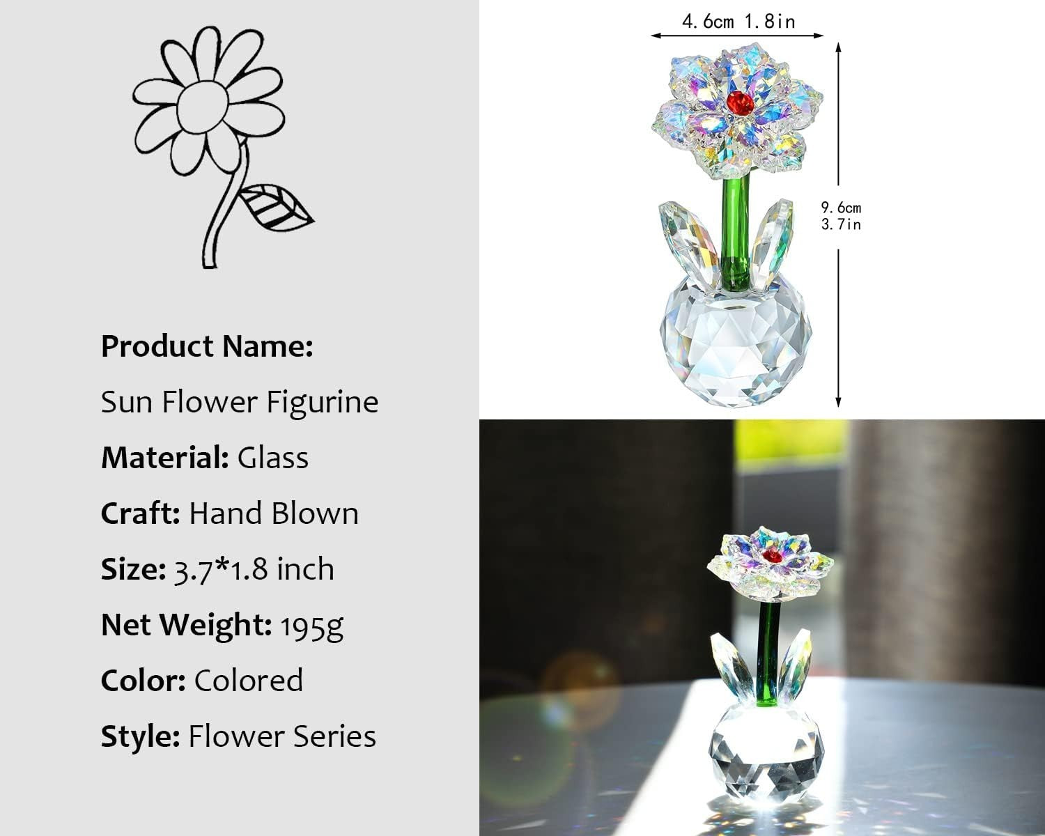 Crystal Sunflower Figurine Ornament • Sparkling Glass Flower Gift • Table Decor
