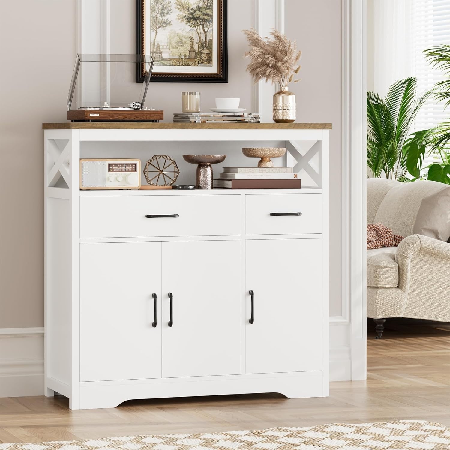 White Kitchen Sideboard Storage Unit with Drawers Shelves & Cupboard