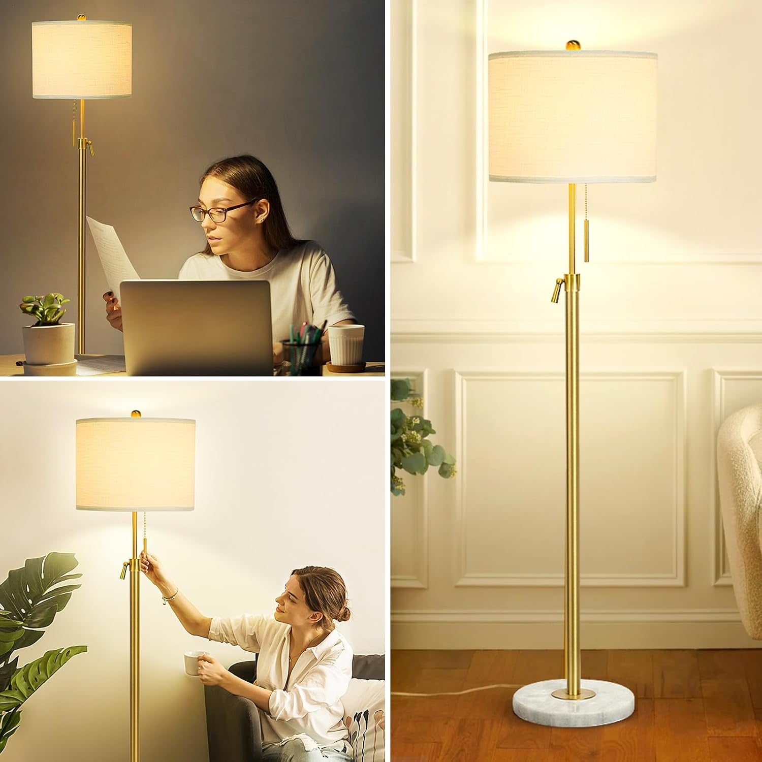 Modern Floor Lamp Dimmable Height Adjustable Linen Shade 3 Colour Standing Light