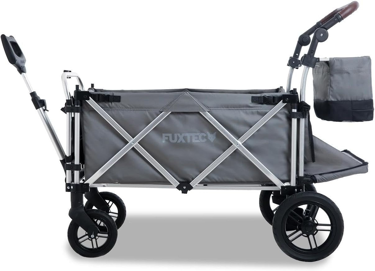 Grey All-Terrain 2-Seater Folding Kids Wagon Push Pull Stroller w/ Roof