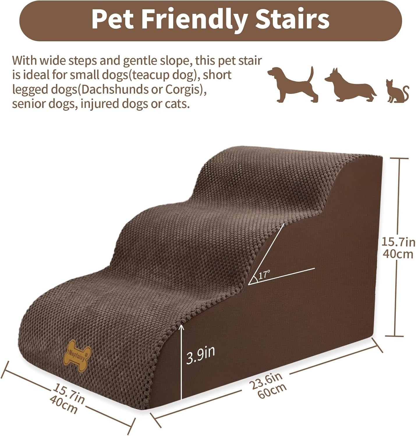 3-Step Dog Stairs Non-Slip Pet Ramp Small Dogs Cats Brown
