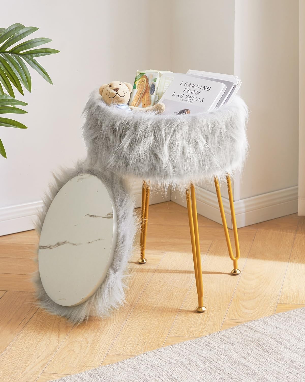 Grey Faux Fur Round Vanity Stool with Storage – Soft Ottoman Seat & Metal Legs