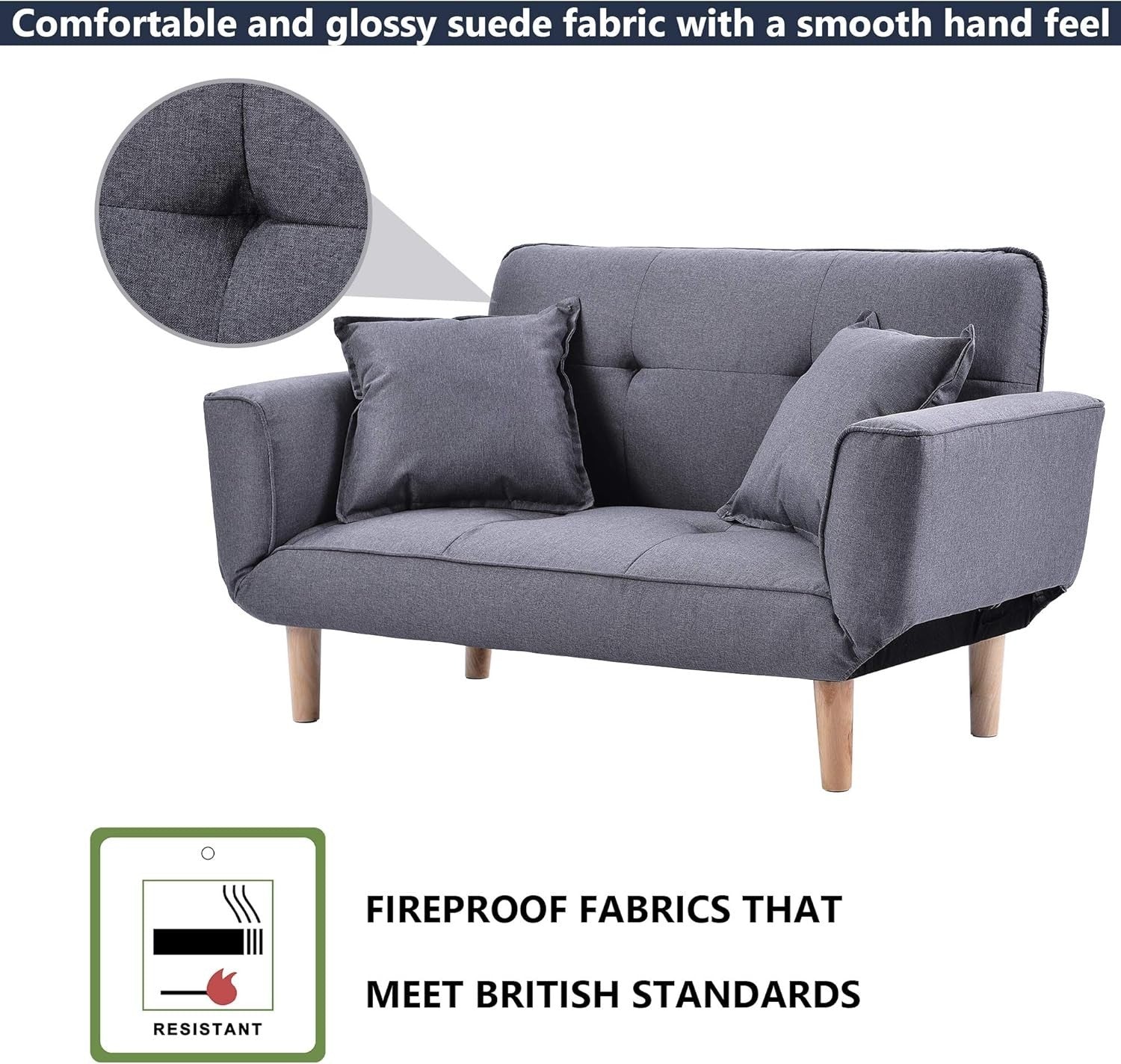 2 Seater Sofa Bed Light Grey Compact Couch Recliner for Small Spaces