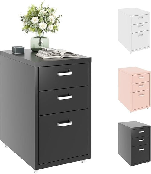 Black Mobile Filing Cabinet 3 Drawer A4 Under Desk Office Storage