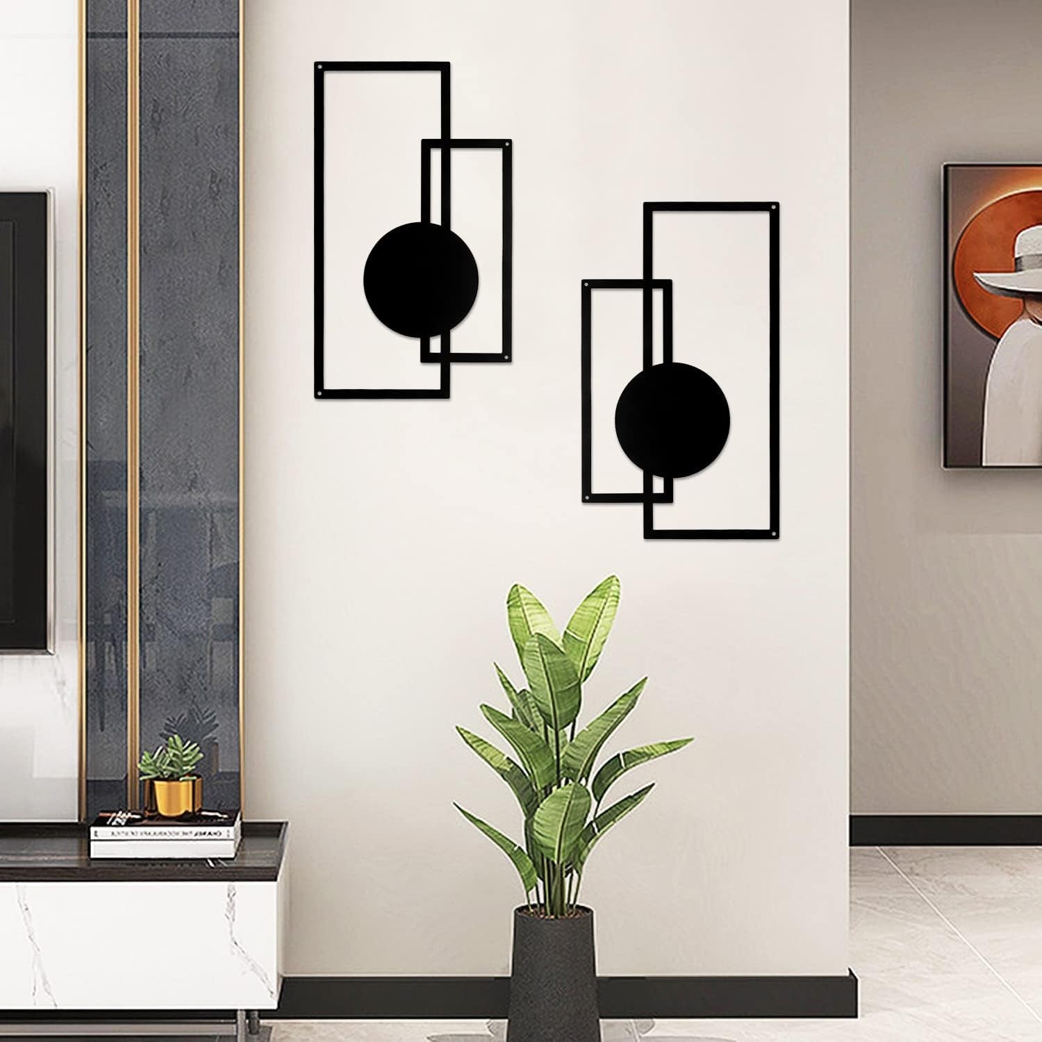 2 Piece Black Metal Wall Art Set Modern Geometric Minimalist Decor