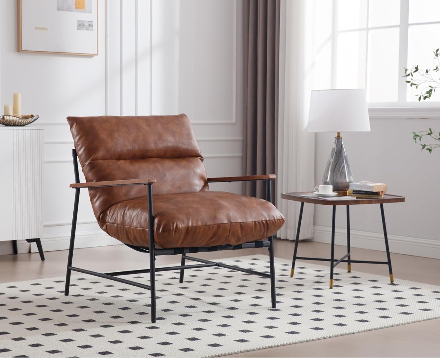 Modern PU Leather Accent Chair Brown Armrest Lounge Office Seat