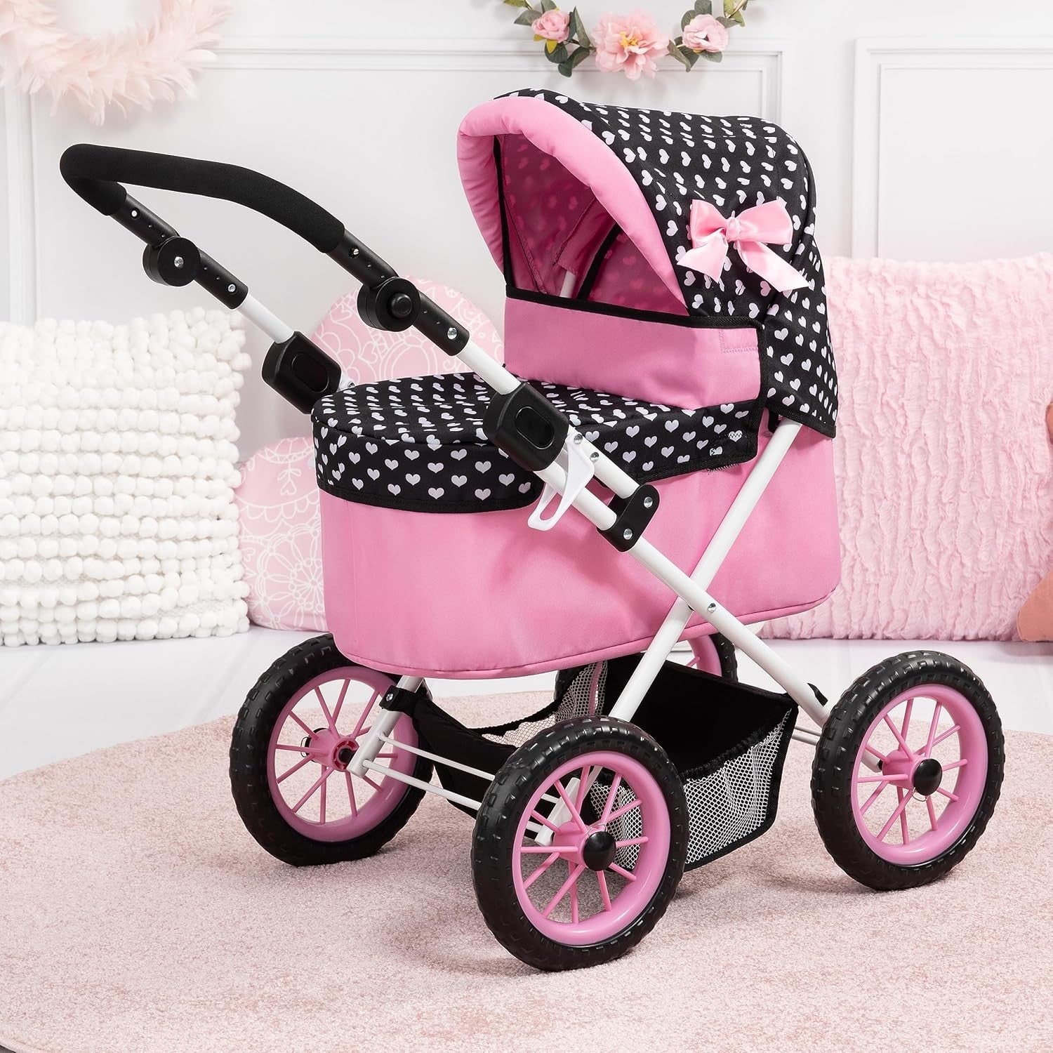 Doll Pram Pushchair Adjustable Handle Foldable with Bag Basket 46cm