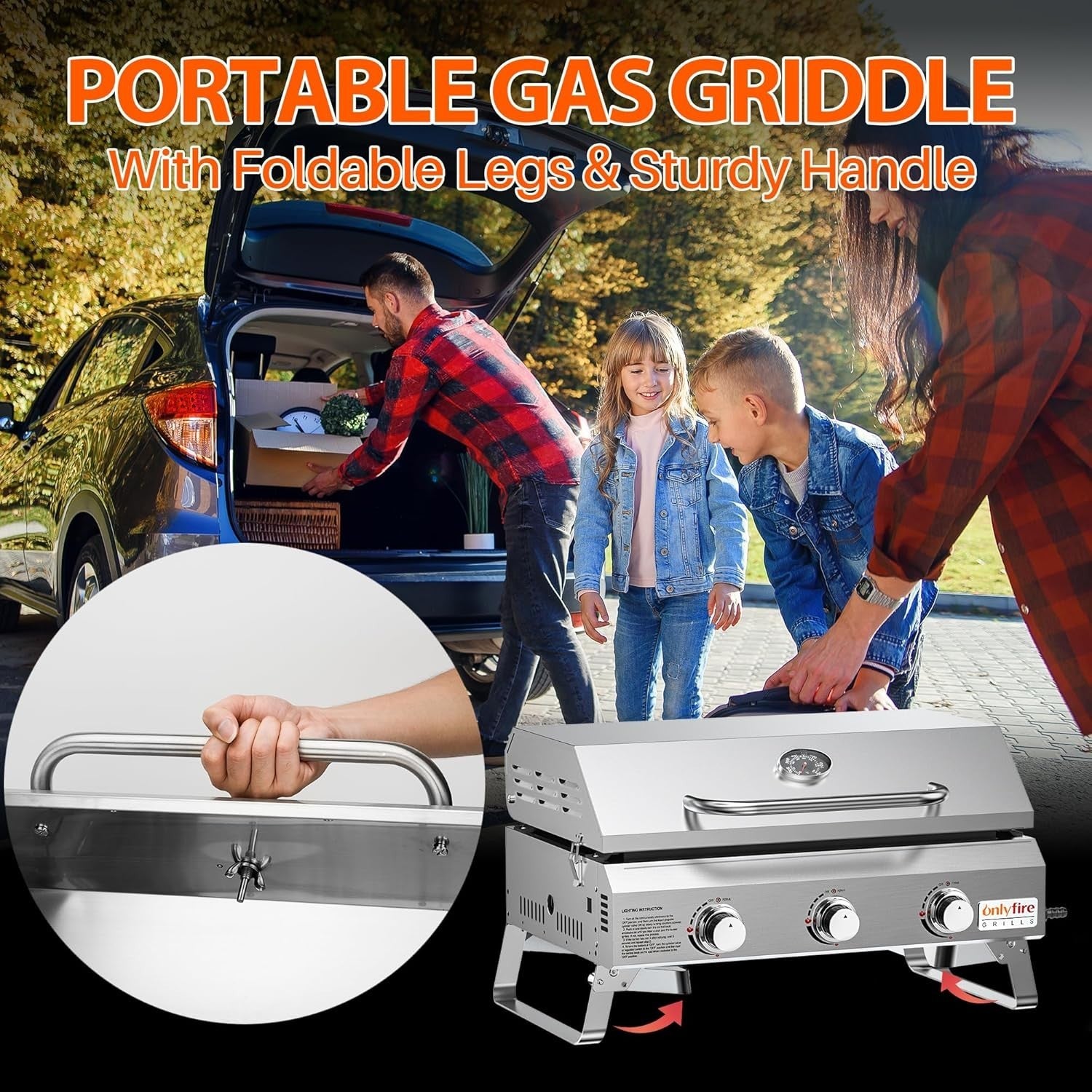 Portable 3 Burner Gas BBQ Plancha Grill with Lid & Thermometer
