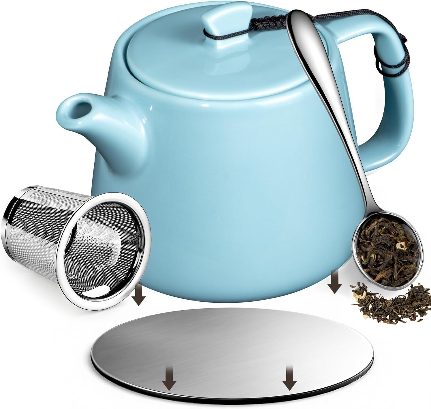 600ml Porcelain Teapot with Infuser & Coaster Sky Blue Tea Pot Set