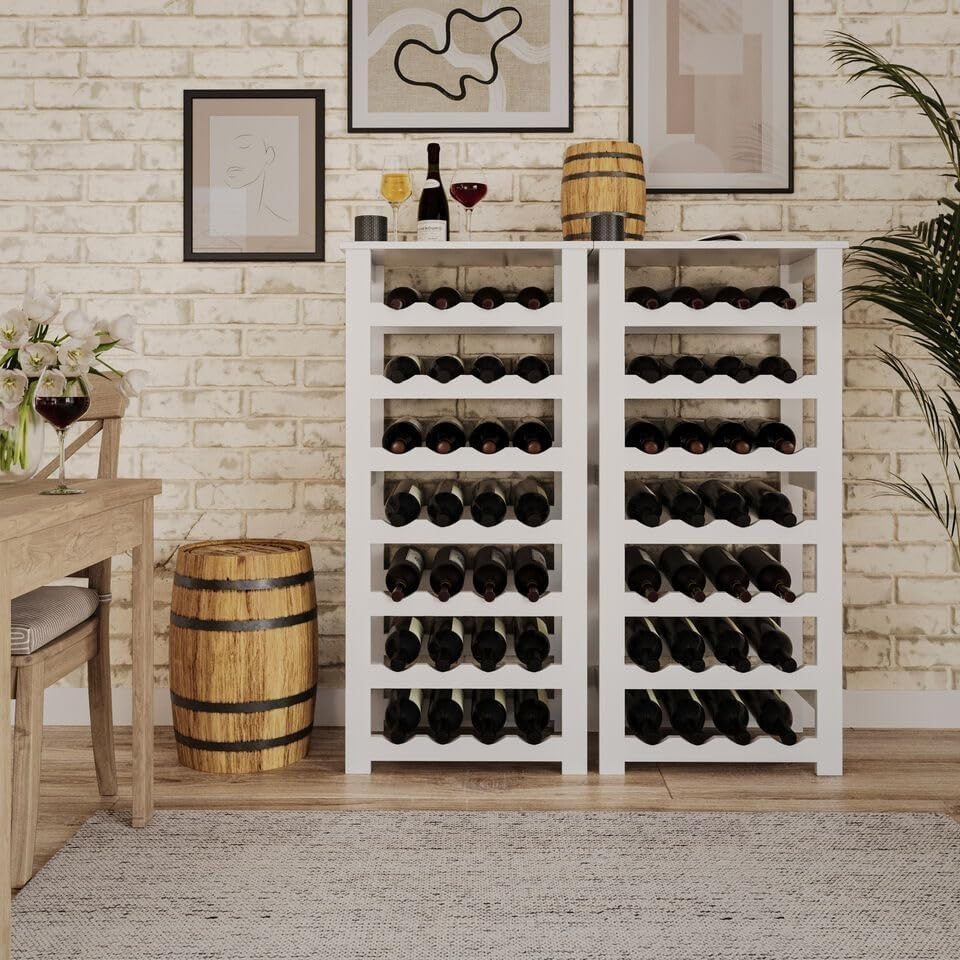 7-Tier Wine Rack Free Standing Holds 28 Bottles Modern White Wooden Storage