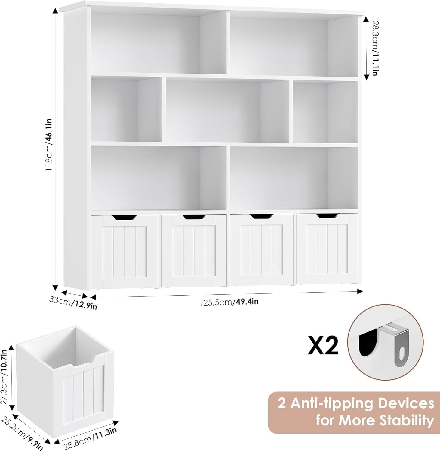 Kids Toy Storage Unit with 7 Open Shelves & 4 Drawer Organizer – White