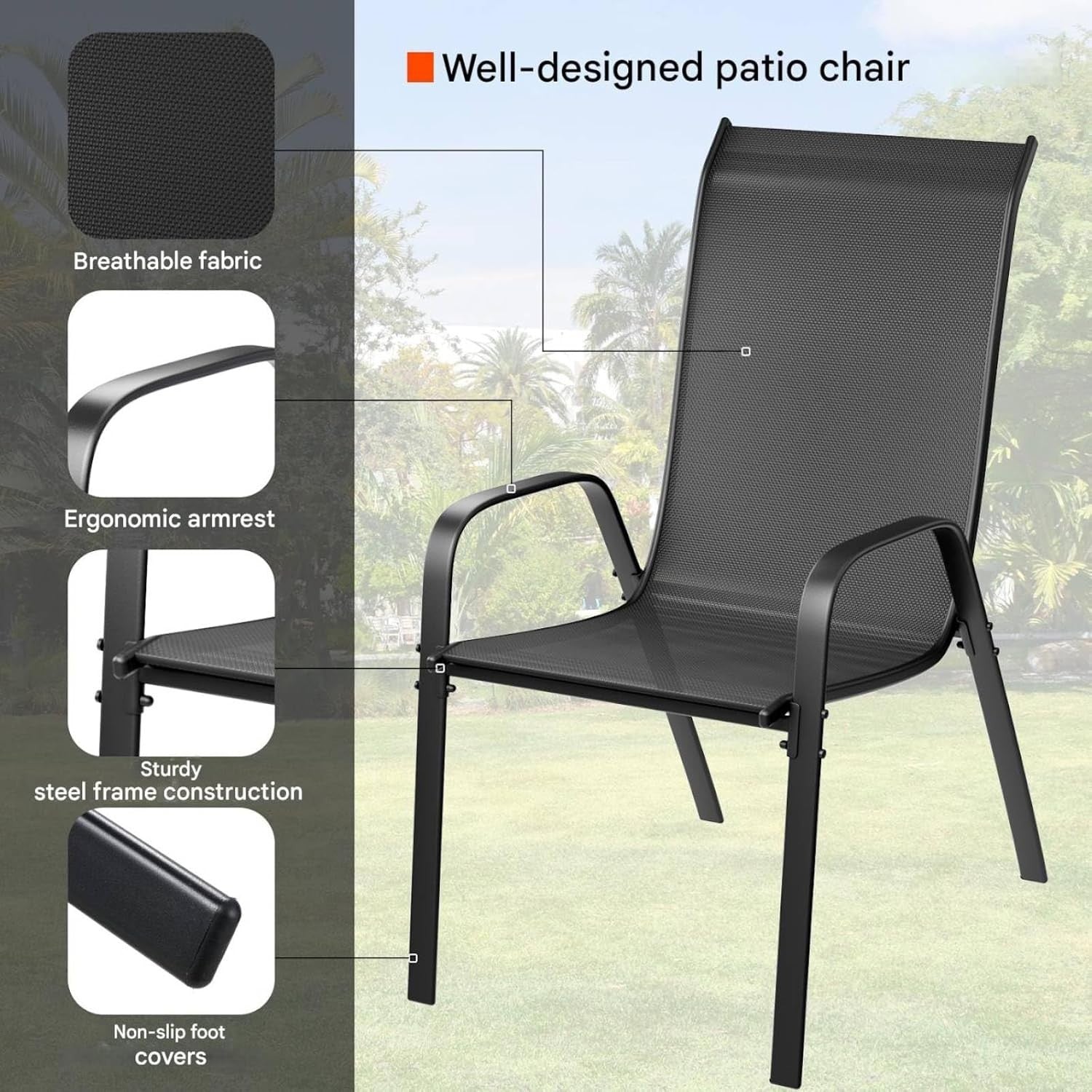 Set of 6 Stackable Garden Chairs High Back Armrest Outdoor Patio Seats