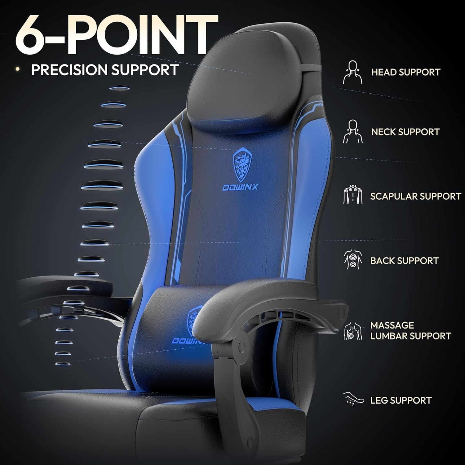 Ergonomic Gaming Chair Blue w/ Footrest Massage Lumbar Support