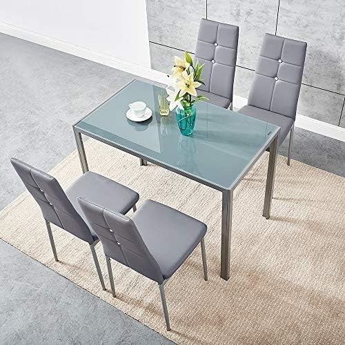 Modern Grey Glass 105x60cm Dining Table Set with 4 Faux Leather Chairs