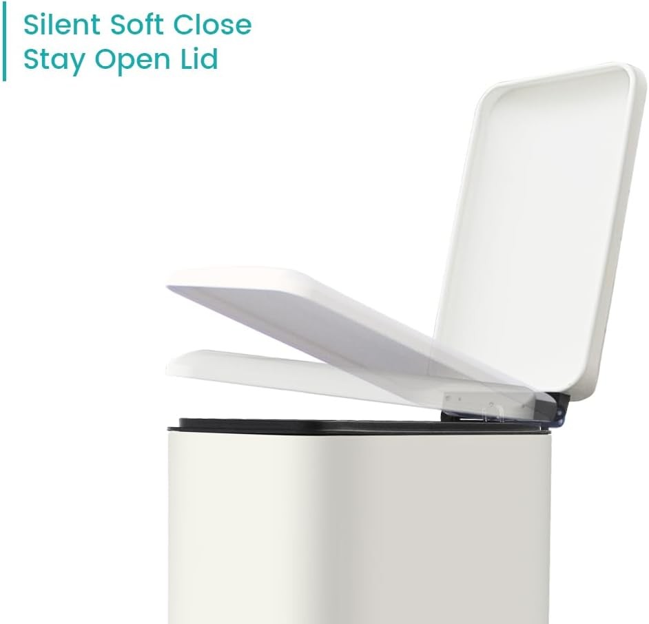 45L White Stainless Steel Pedal Bin Slim Kitchen Soft Close Lid
