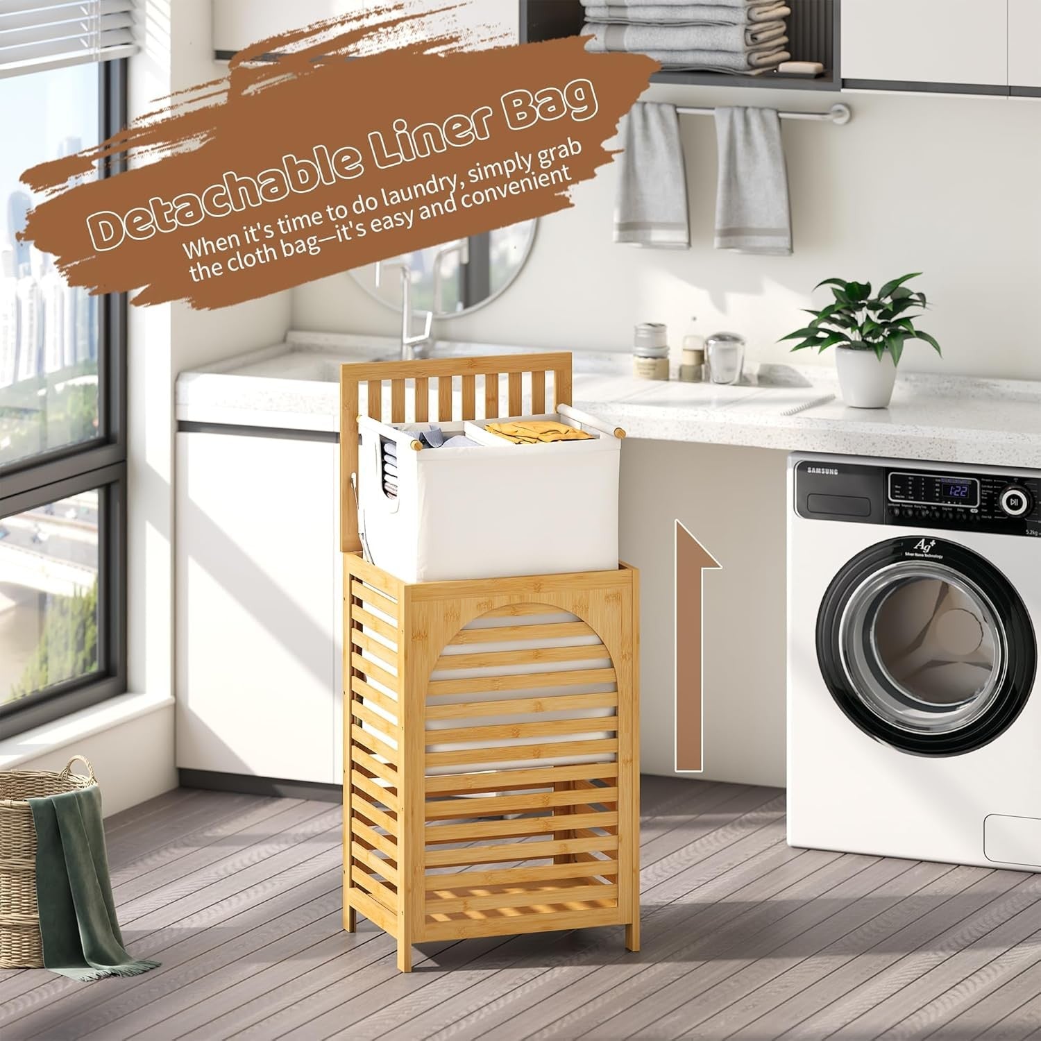 85L Bamboo Laundry Hamper with Lid Large Clothes Basket Removable Liner Natural