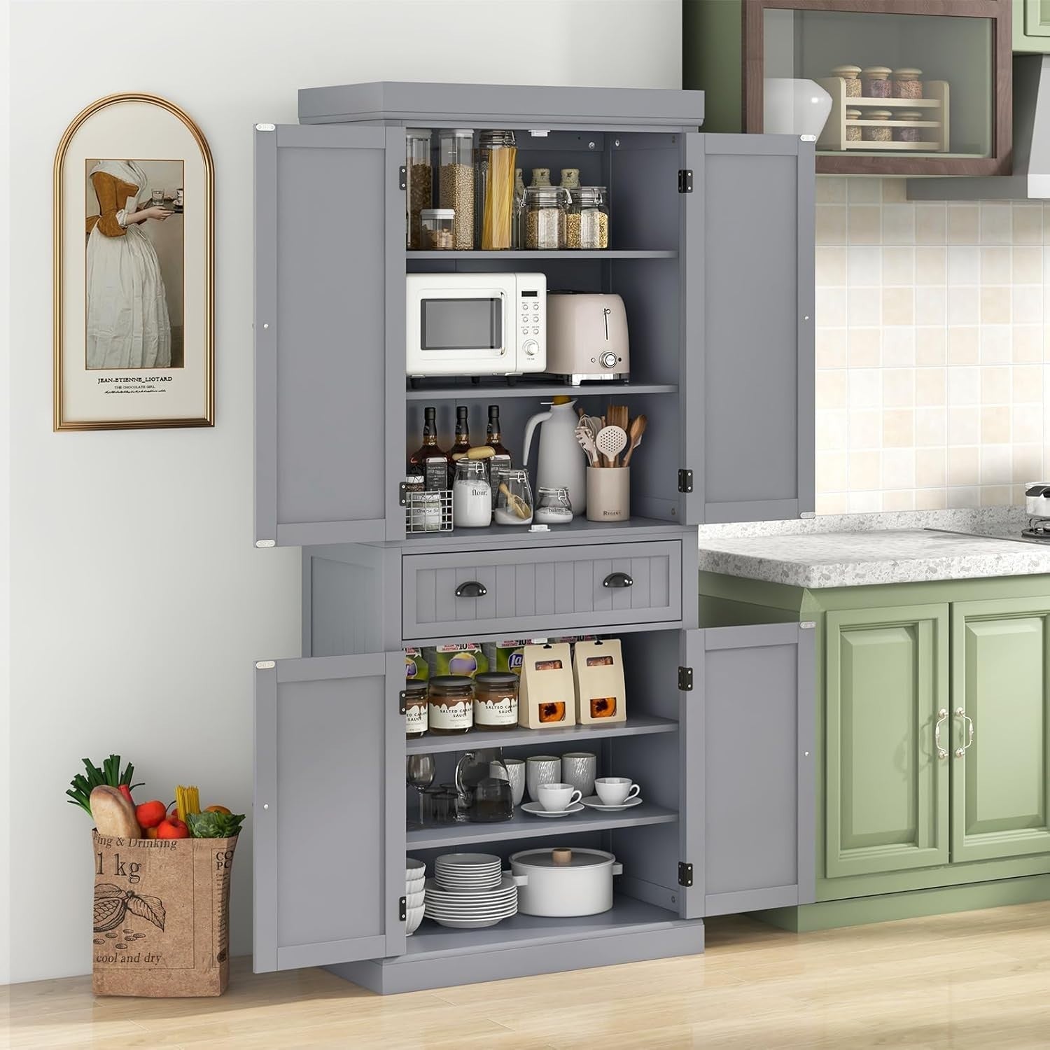 182cm Grey Kitchen Pantry Cupboard | 4 Adjustable Shelves & Drawer