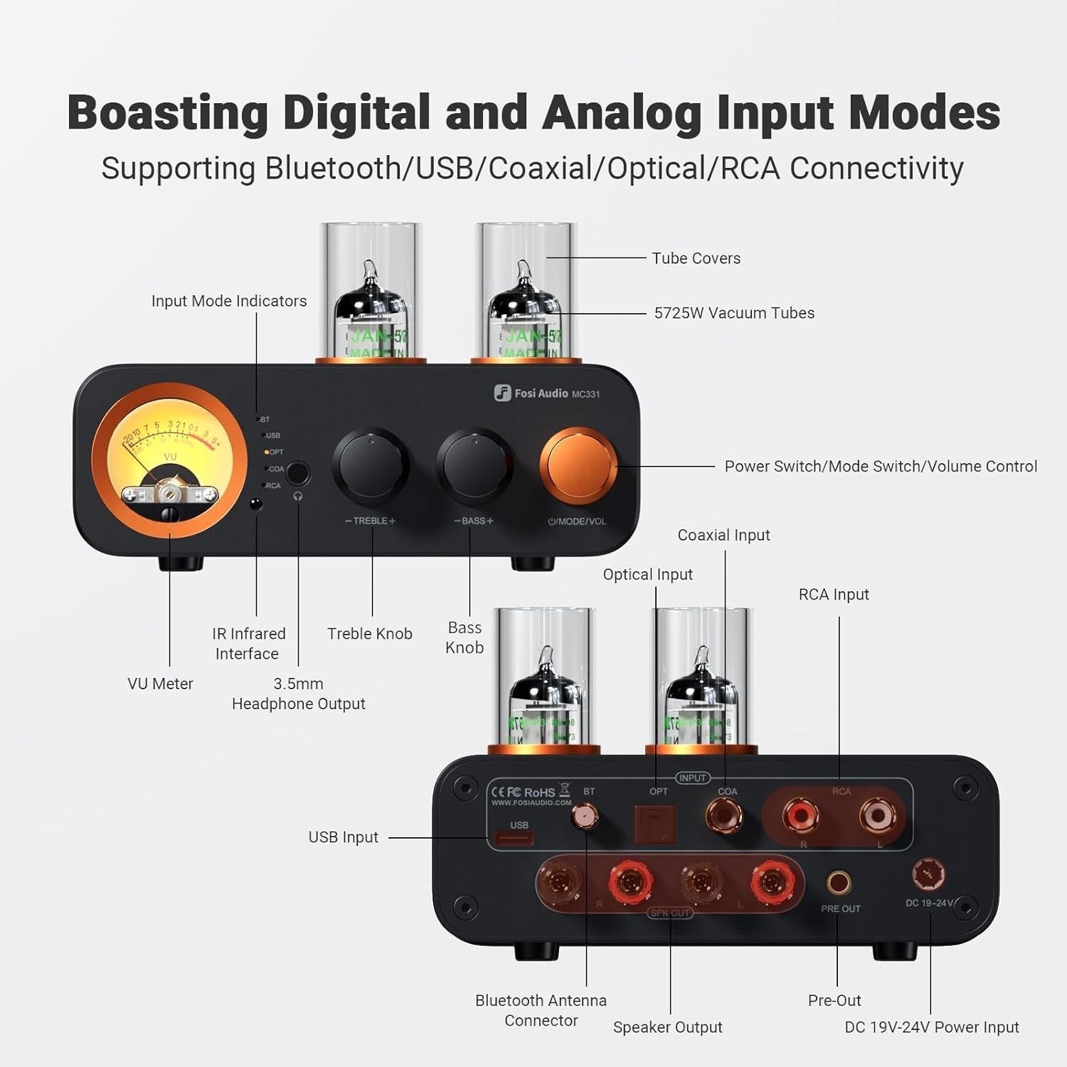 Hybrid Tube Amplifier DAC 105W x2 Bluetooth USB Optical RCA