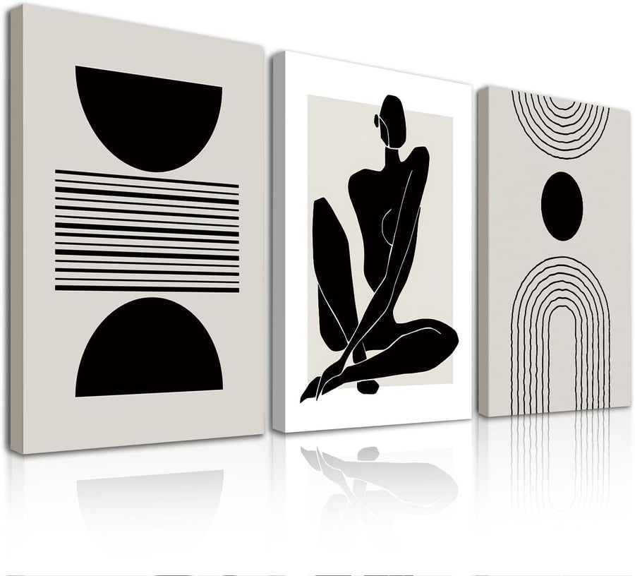 Boho Abstract Wall Art Set of 3 Framed Black White 12x16in